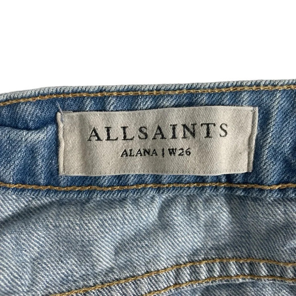 AllSaints Alana Embroidered Bird Distressed Boyfriend Jeans in Blue/Pink Size 26 - Picture 9 of 13